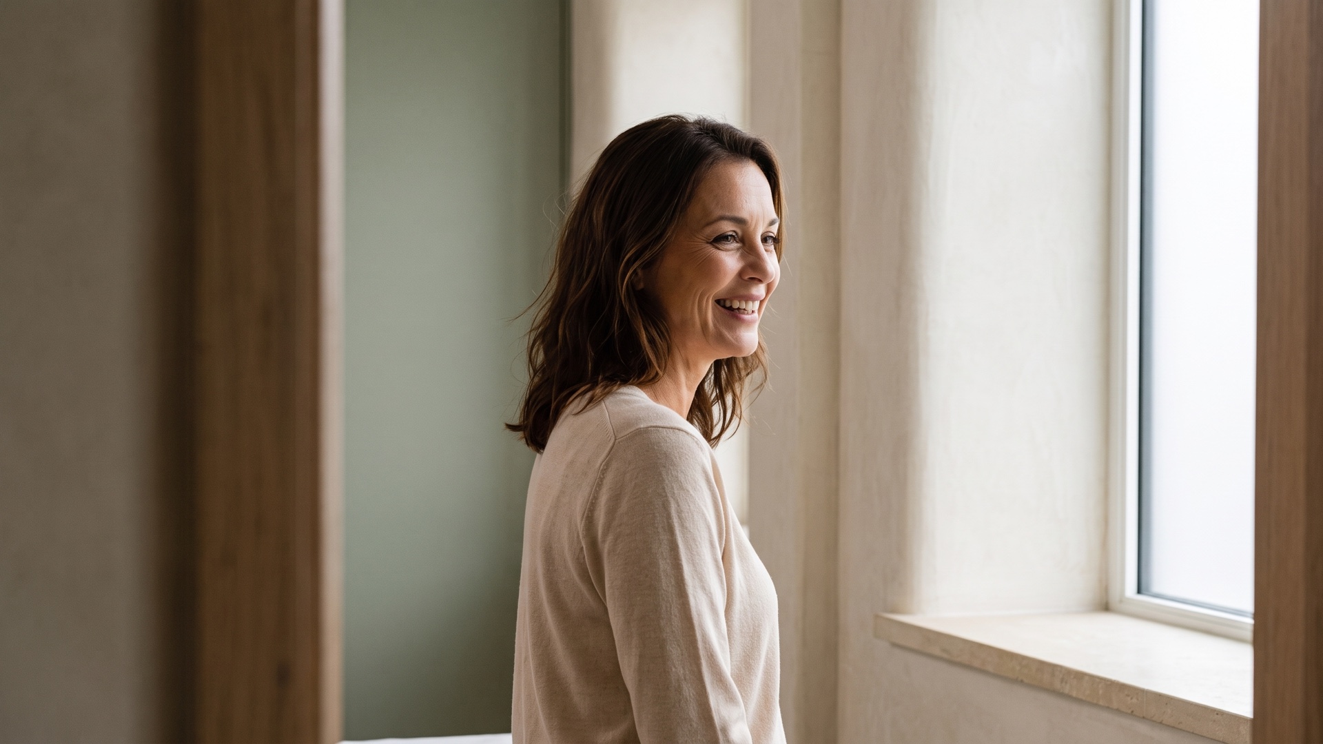 Woman smiling naturally beside a softly lit clinic window
