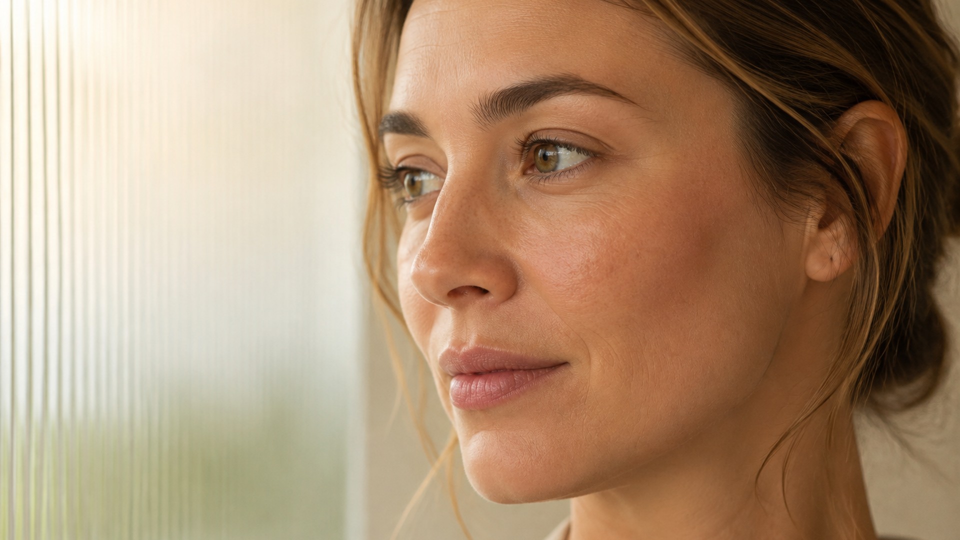 Young woman in profile showing her natural cheek structure in soft window light
