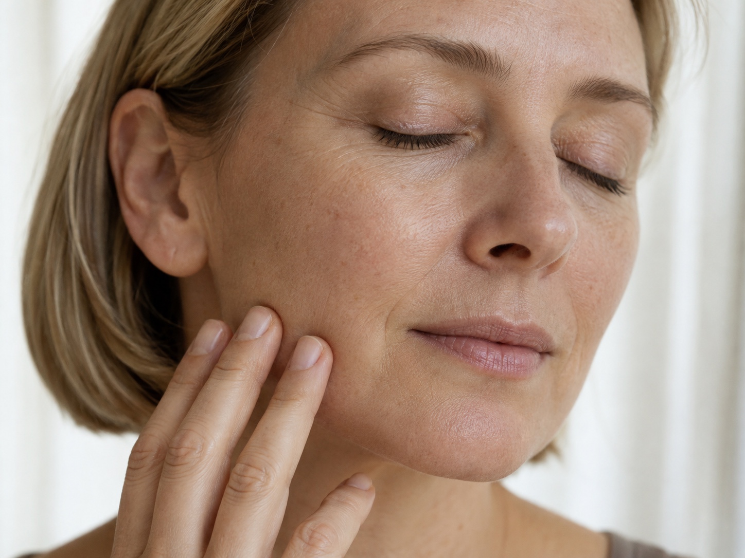 Close-up of a woman gently resting her fingertips against her cheek, showing natural skin detail